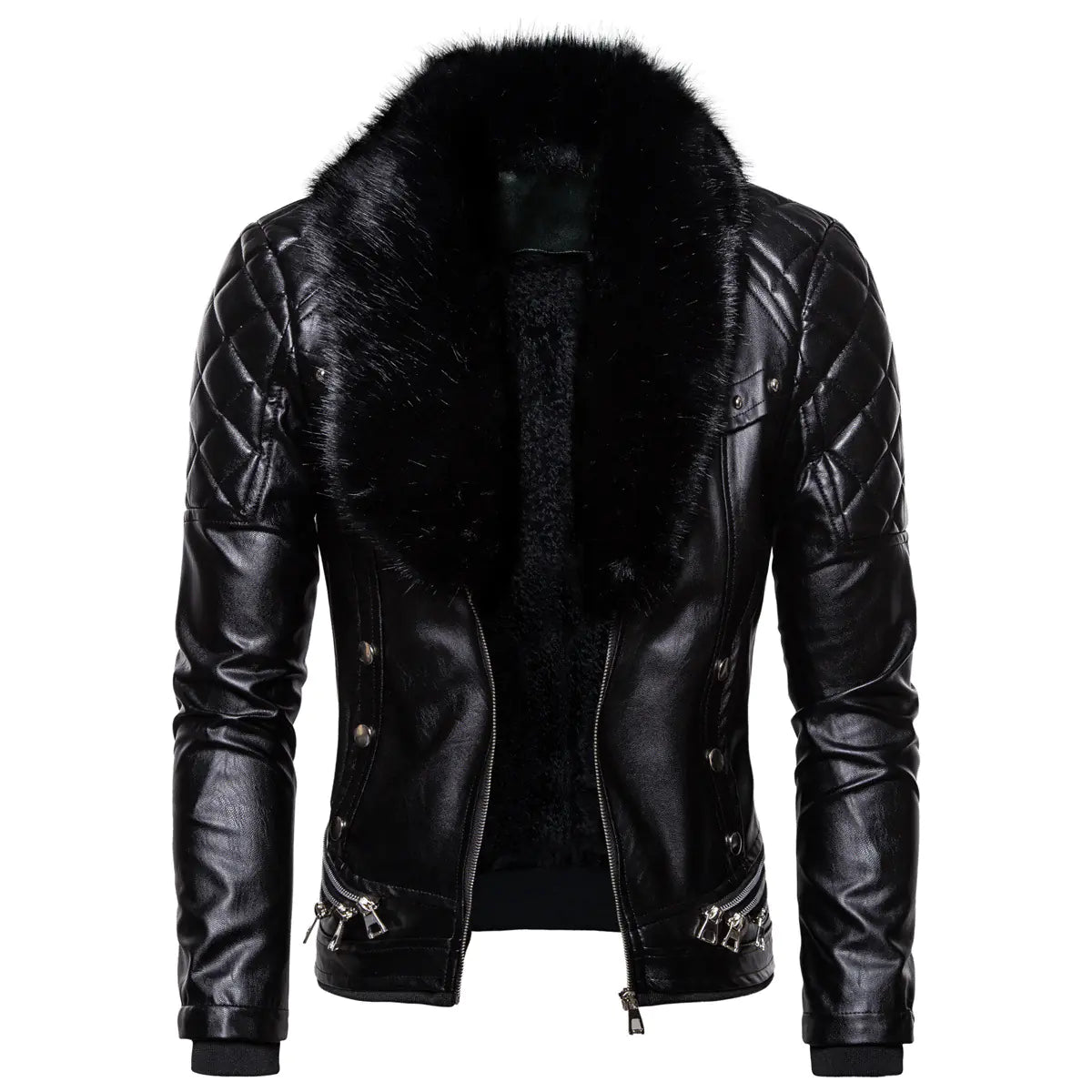 Stylish Solid Color Men's Leather Jacket with Fur Collar
