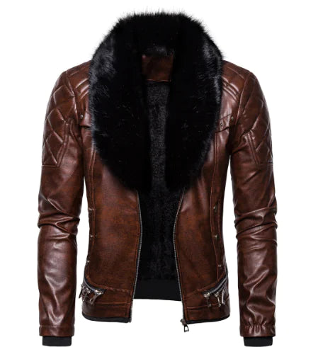 Stylish Solid Color Men's Leather Jacket with Fur Collar