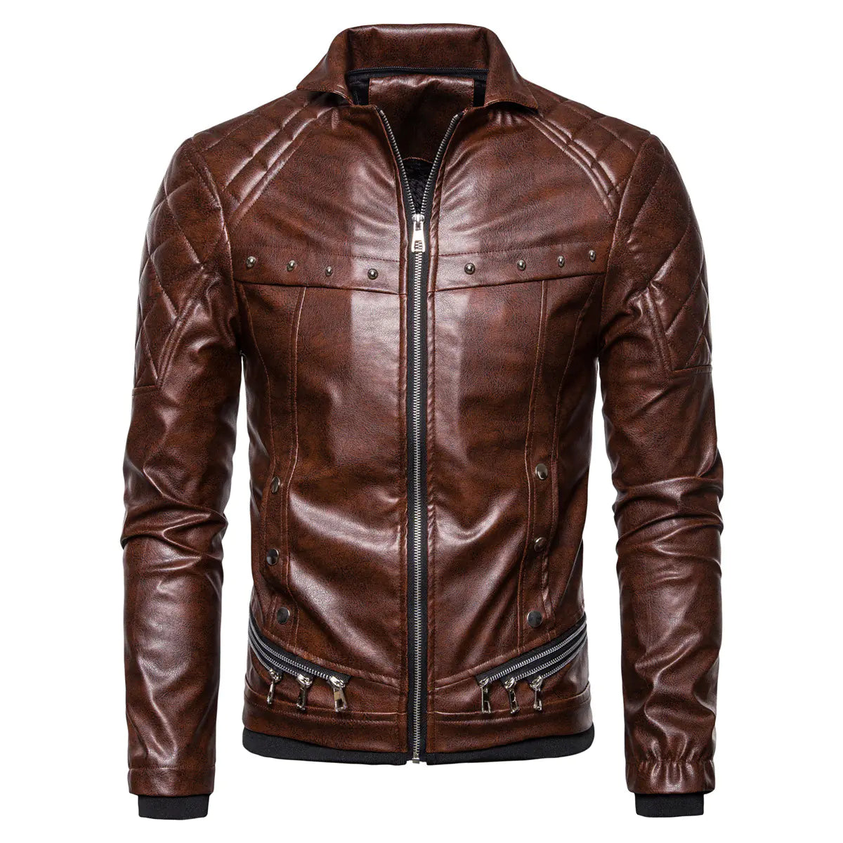 Stylish Solid Color Men's Leather Jacket with Fur Collar