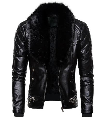 Stylish Solid Color Men's Leather Jacket with Fur Collar