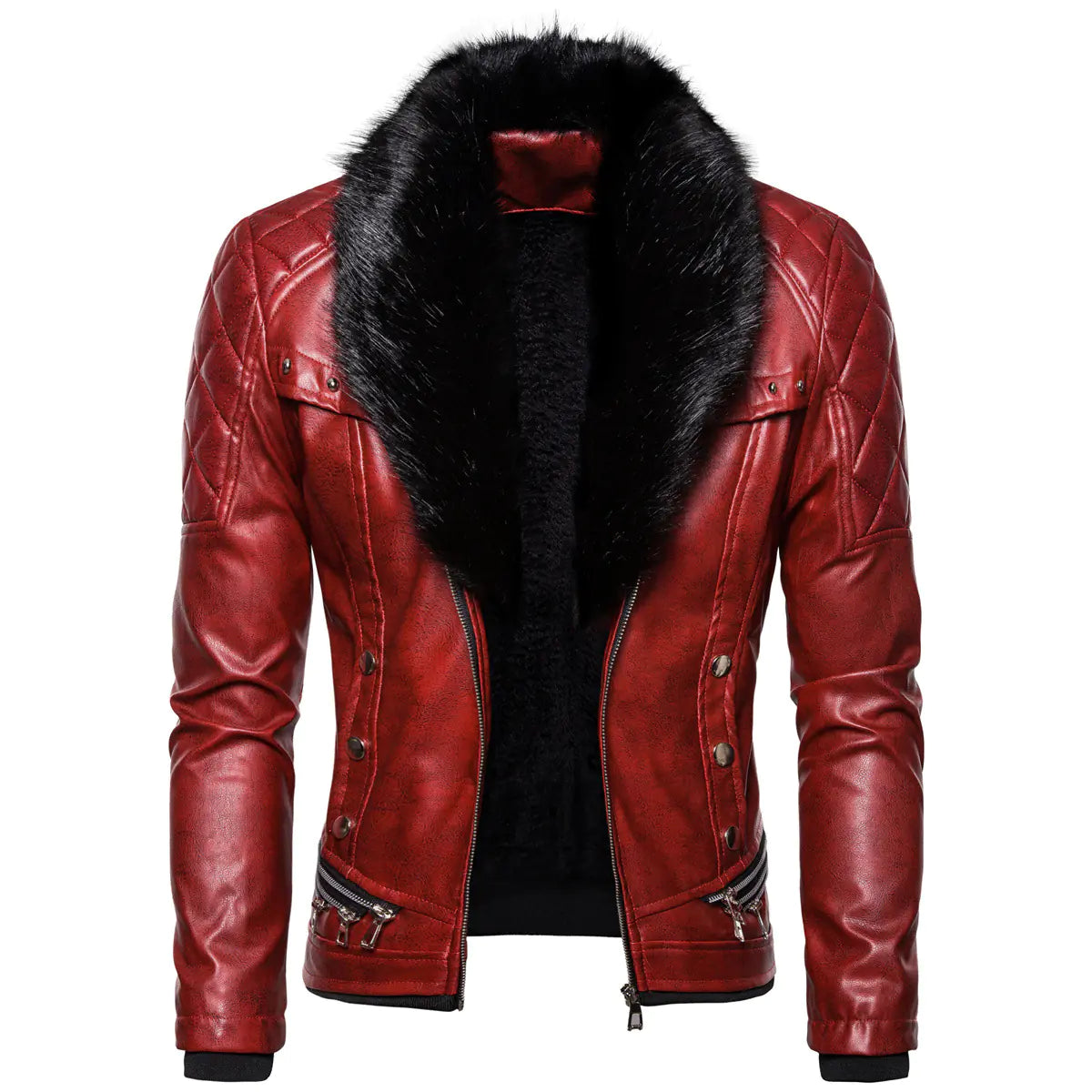 Stylish Solid Color Men's Leather Jacket with Fur Collar