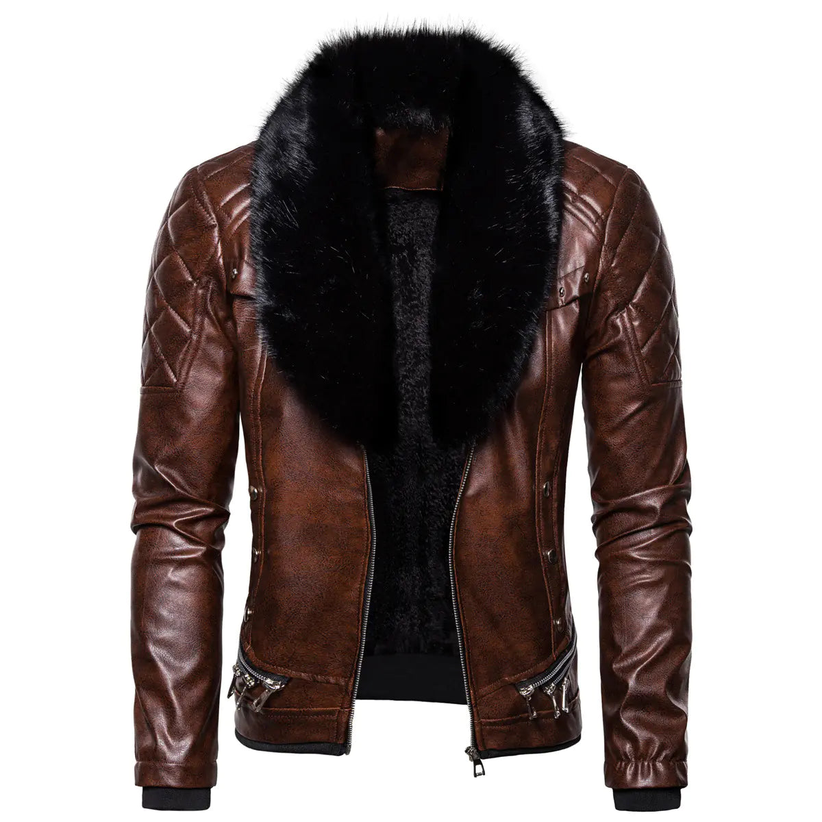Stylish Solid Color Men's Leather Jacket with Fur Collar